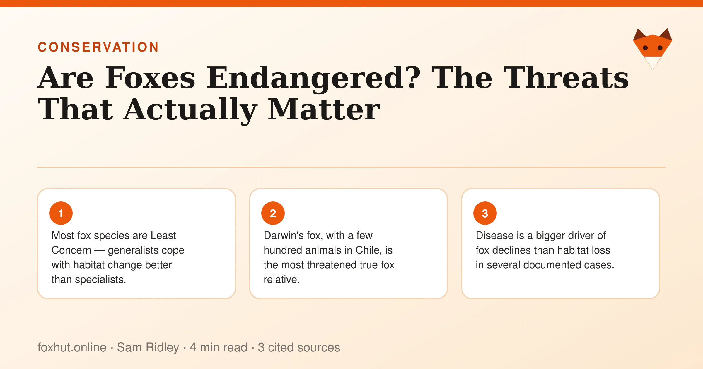 Infographic: Are Foxes Endangered? The Threats That Actually Matter. Key points: Most fox species are Least Concern — generalists cope with habitat change better than specialists.; Darwin's fox, with a few hundred animals in Chile, is the most threatened true fox relative.; Disease is a bigger driver of fox declines than habitat loss in several documented cases.
