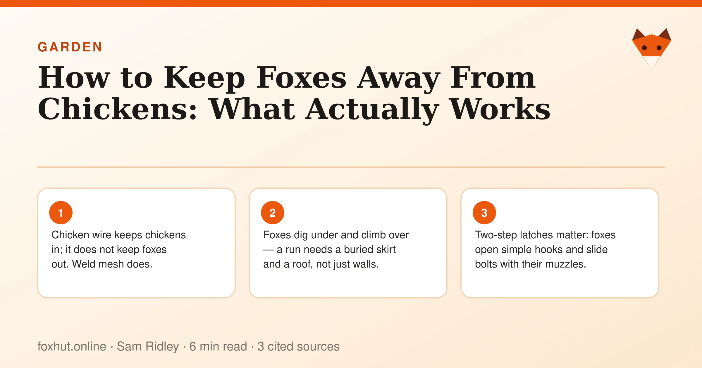 Infographic: How to Keep Foxes Away From Chickens: What Actually Works. Key points: Chicken wire keeps chickens in; it does not keep foxes out. Weld mesh does.; Foxes dig under and climb over — a run needs a buried skirt and a roof, not just walls.; Two-step latches matter: foxes open simple hooks and slide bolts with their muzzles.