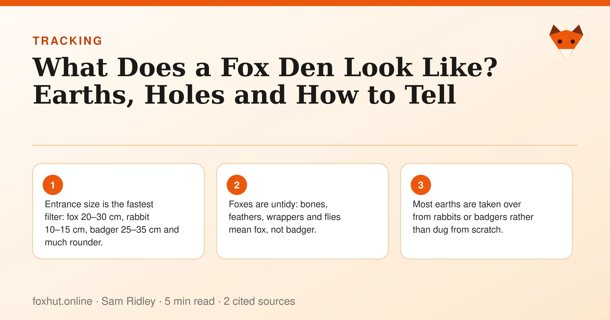 Infographic: What Does a Fox Den Look Like? Earths, Holes and How to Tell. Key points: Entrance size is the fastest filter: fox 20–30 cm, rabbit 10–15 cm, badger 25–35 cm and much rounder.; Foxes are untidy: bones, feathers, wrappers and flies mean fox, not badger.; Most earths are taken over from rabbits or badgers rather than dug from scratch.