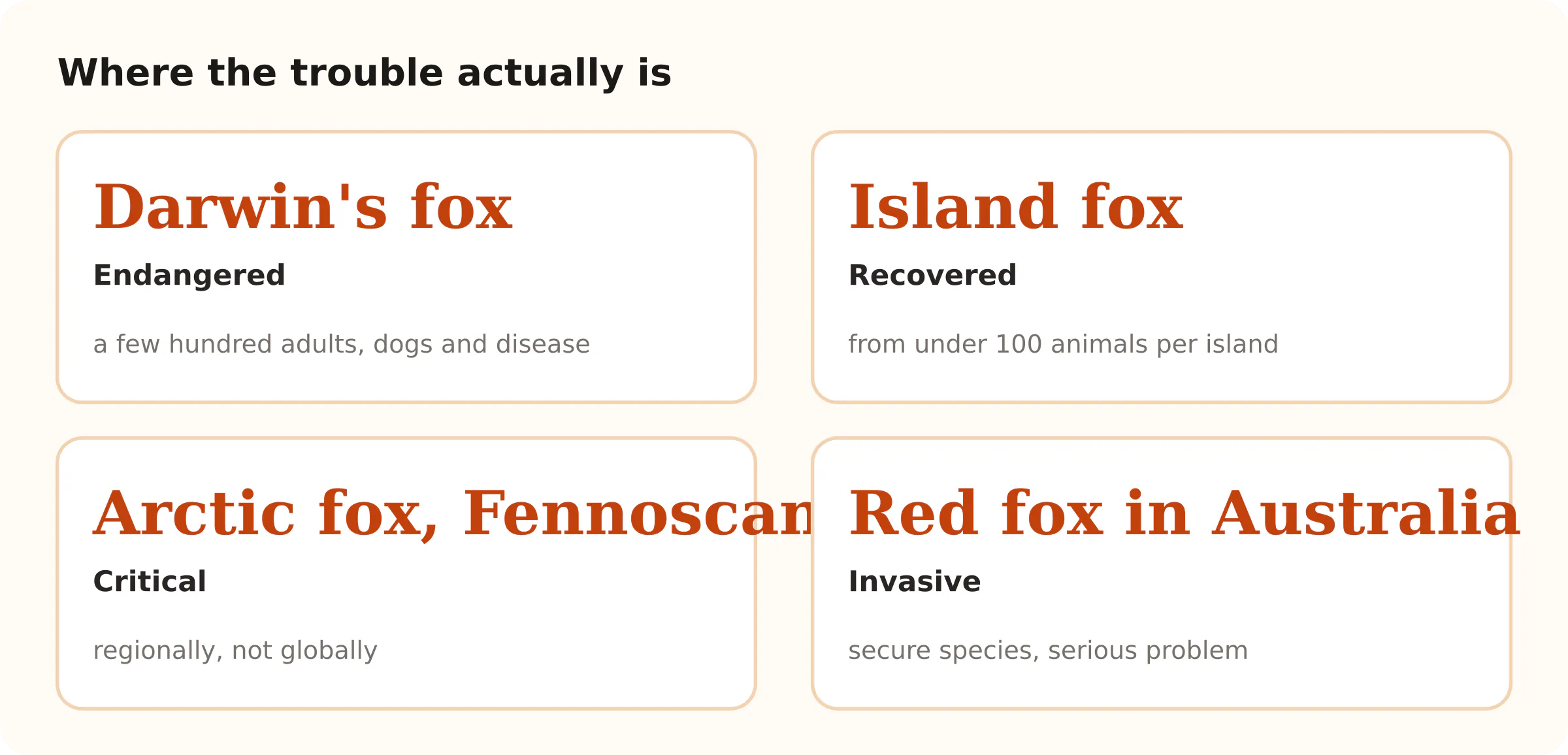 Where the trouble actually is. Darwin's fox Endangered; Island fox Recovered; Arctic fox, Fennoscandia Critical; Red fox in Australia Invasive