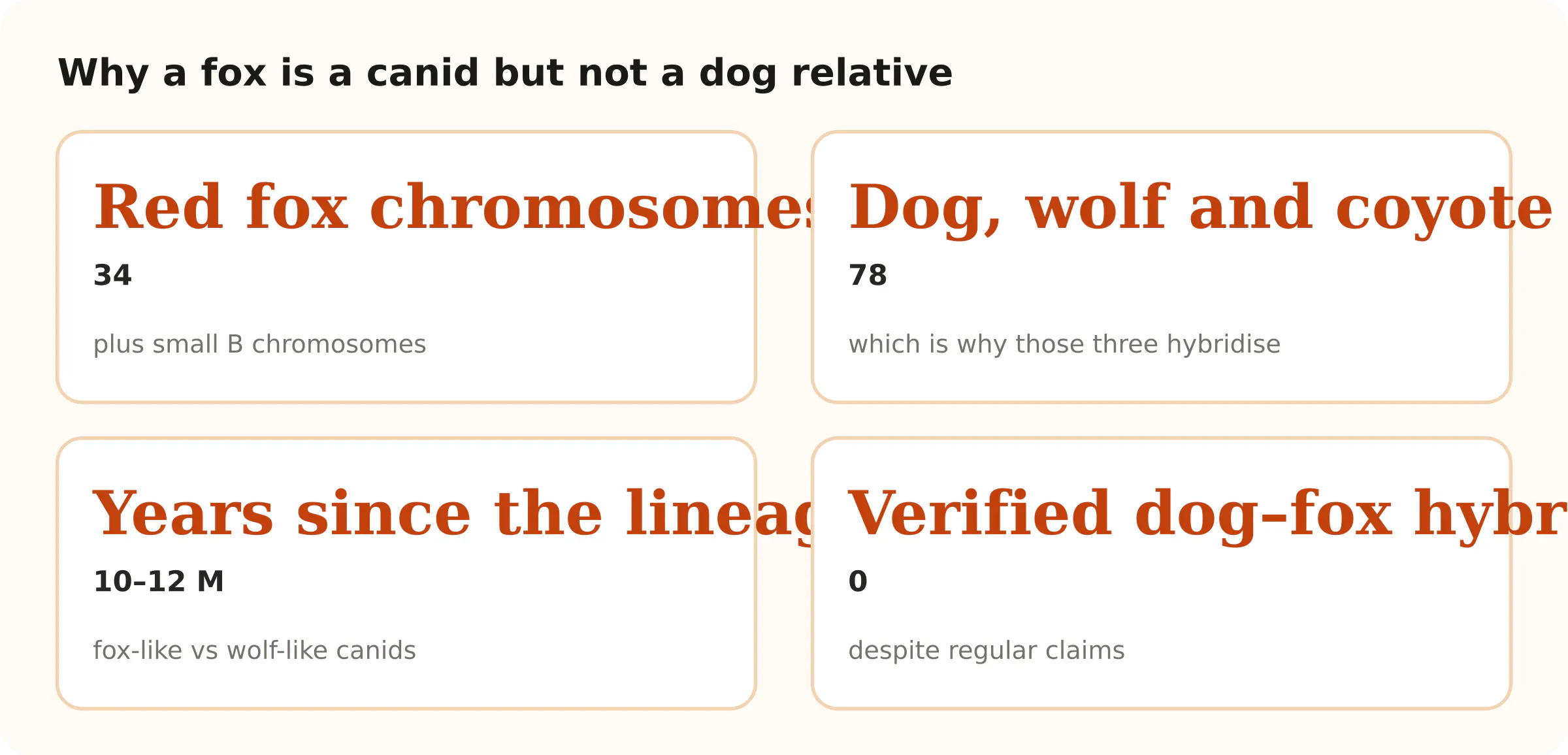Why a fox is a canid but not a dog relative. Red fox chromosomes 34; Dog, wolf and coyote chromosomes 78; Years since the lineages split 10–12 M; Verified dog–fox hybrids 0