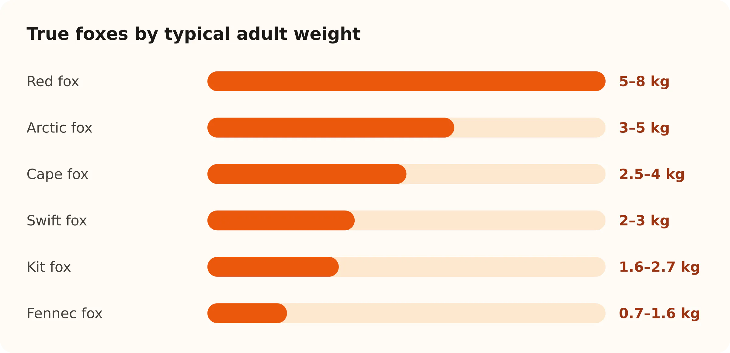 True foxes by typical adult weight. Red fox: 5–8 kg; Arctic fox: 3–5 kg; Cape fox: 2.5–4 kg; Swift fox: 2–3 kg; Kit fox: 1.6–2.7 kg; Fennec fox: 0.7–1.6 kg